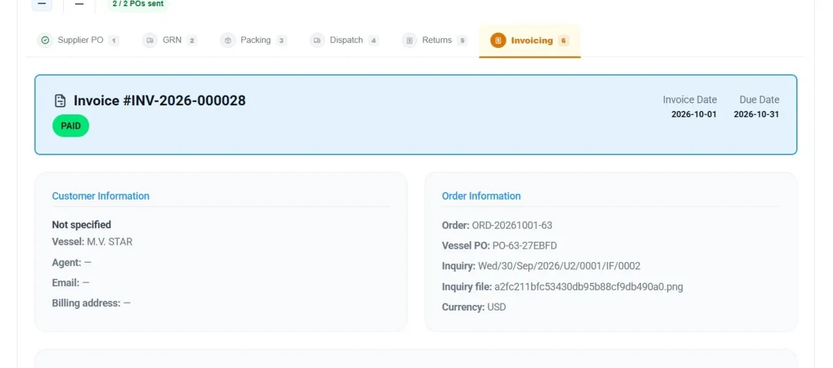 A paid invoice: linked to the vessel, the ship's PO and the original inquiry, with credit notes, advances and payments applied.
