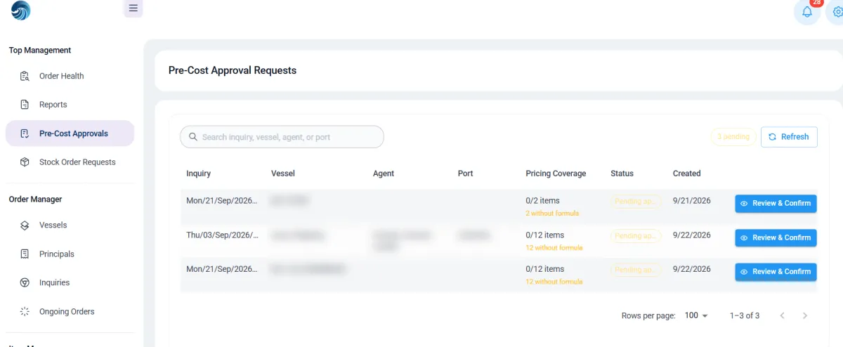The approval queue: pending quotes with pricing coverage, and how many lines still have no margin formula.