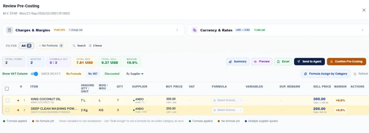 Quote review: charges, margins and exchange rates in one view.